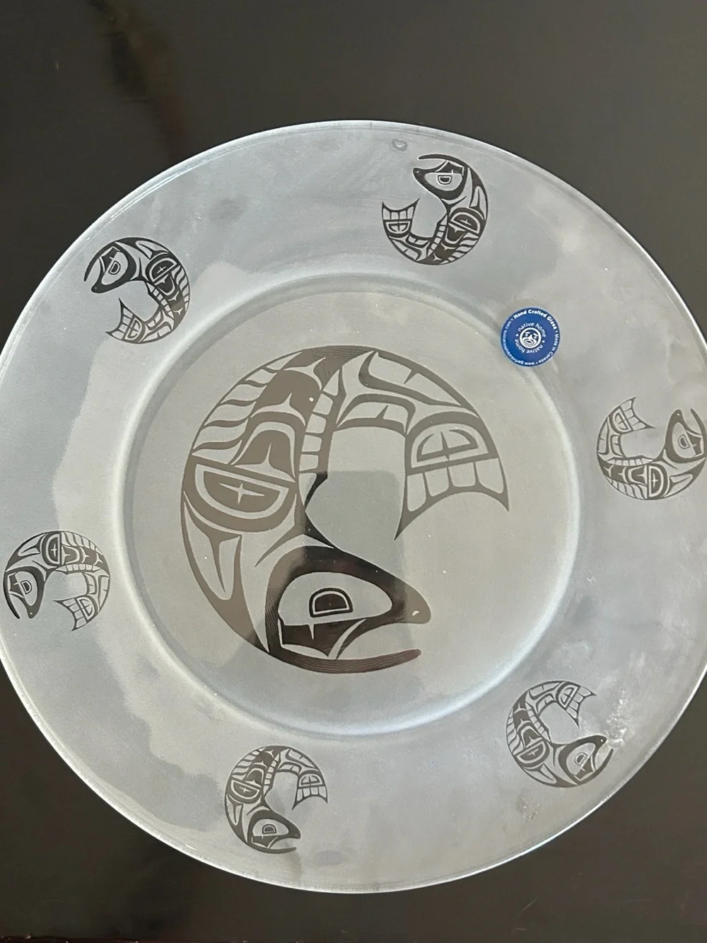 Native Canadian Art, Salmon Clear and Frosted Glass Plate with Salmon Fish